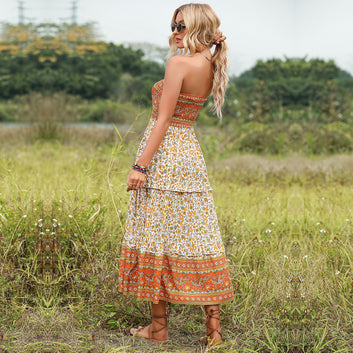 Ruffled Floral Skirt Bohemian Tube Top Dress for Women